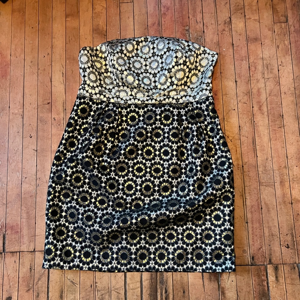 Black and Gold Mod Floral Strapless Dress
